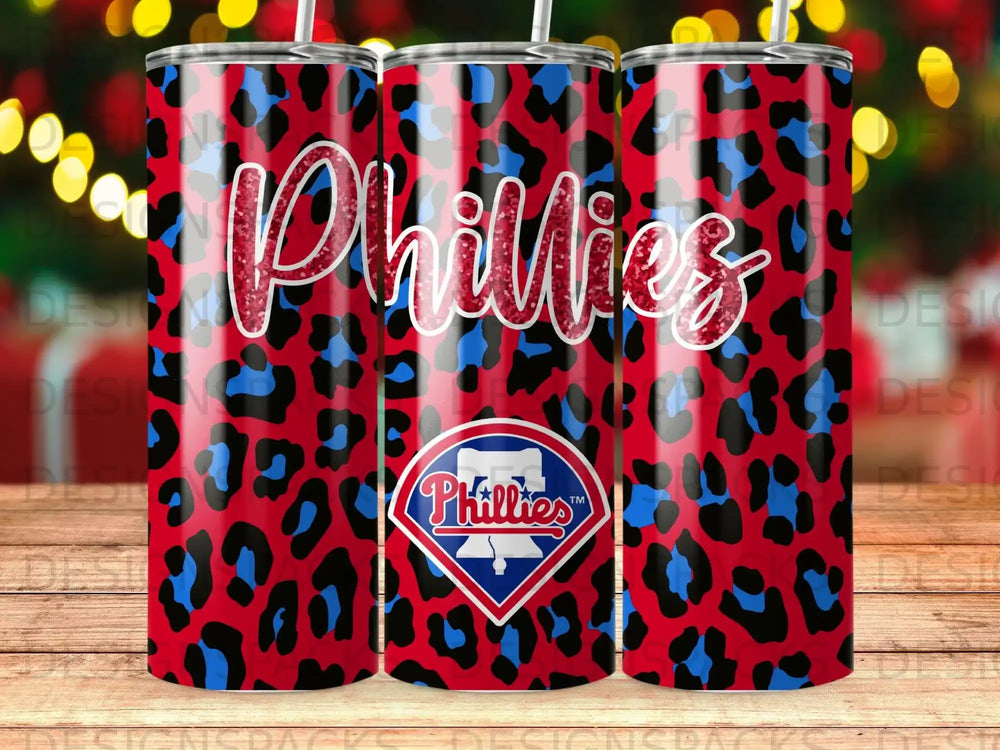 Philadelphia Phillies logo on red leopard print tumbler with straws.