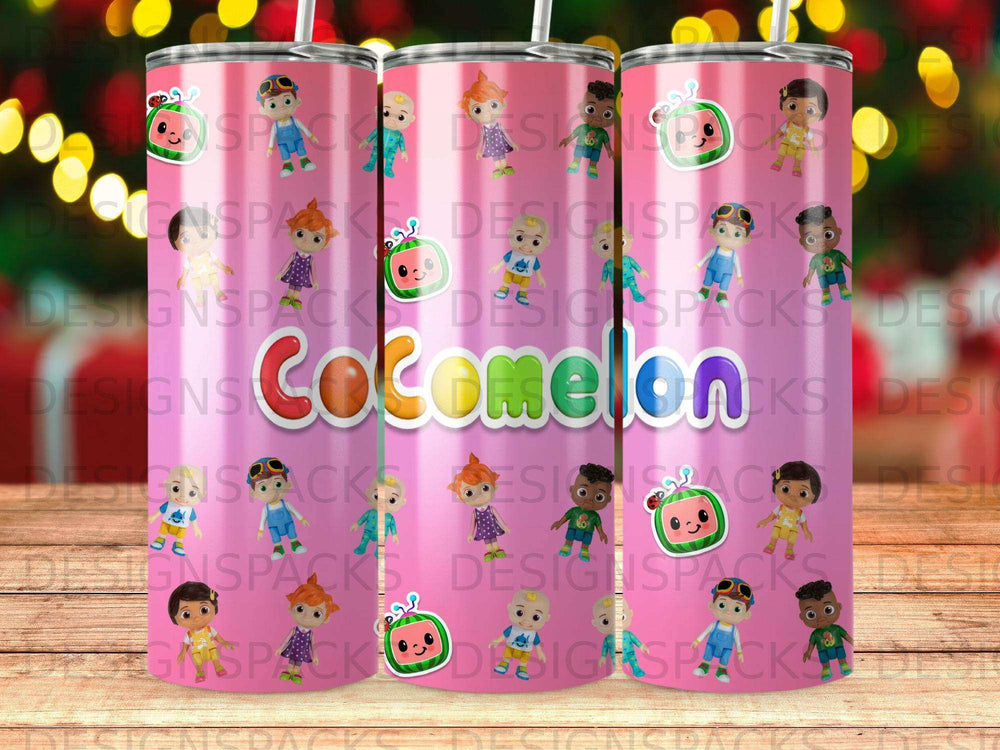 Cocomelon characters and logo on a pink gradient tumbler.