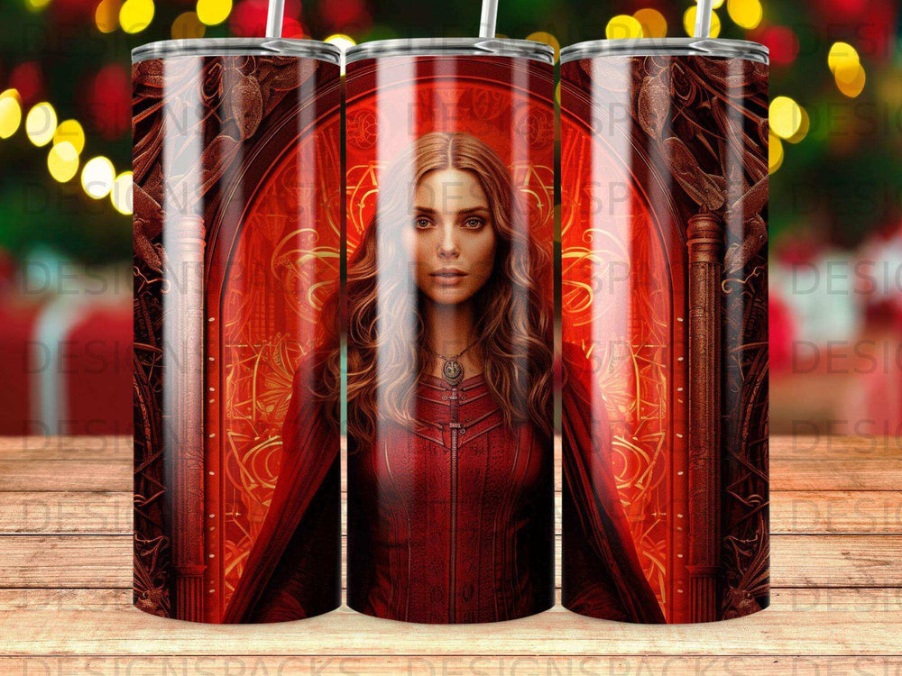 Scarlet Witch in red costume with ornate doorway background.