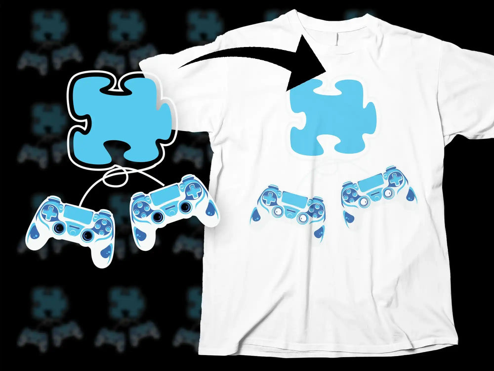White T-Shirt with Blue Puzzle Piece Design, Casual Graphic Tee, Gaming Controller Motif