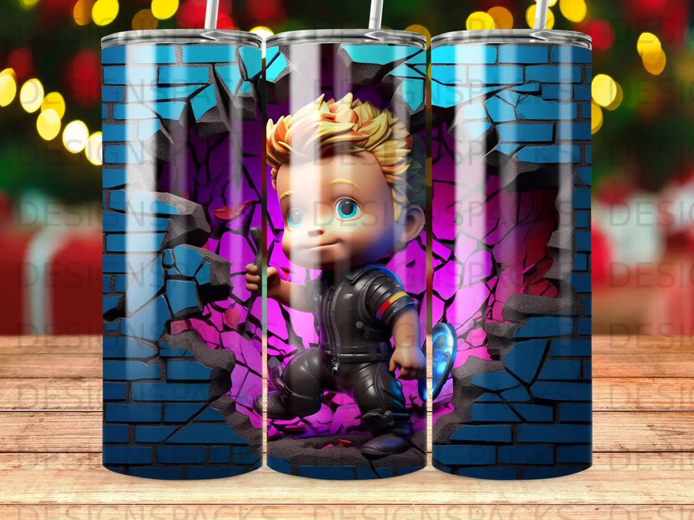 Animated child character with blue eyes and spiky blond hair in a black outfit.