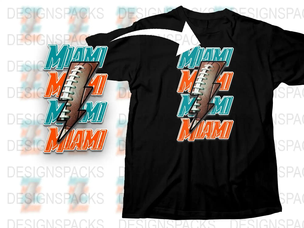 Miami Football T-Shirt, Sports Team Fan Apparel, Black Cotton Tee, Miami Orange and Teal Design