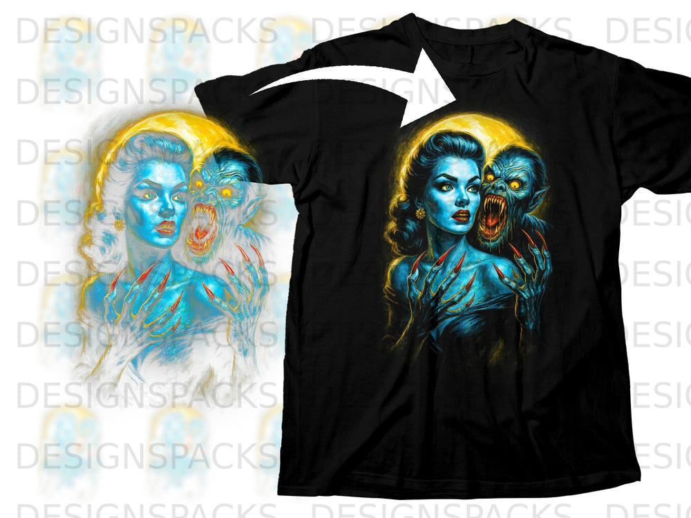 Vampire creature behind a blue-skinned woman with long, sharp nails.