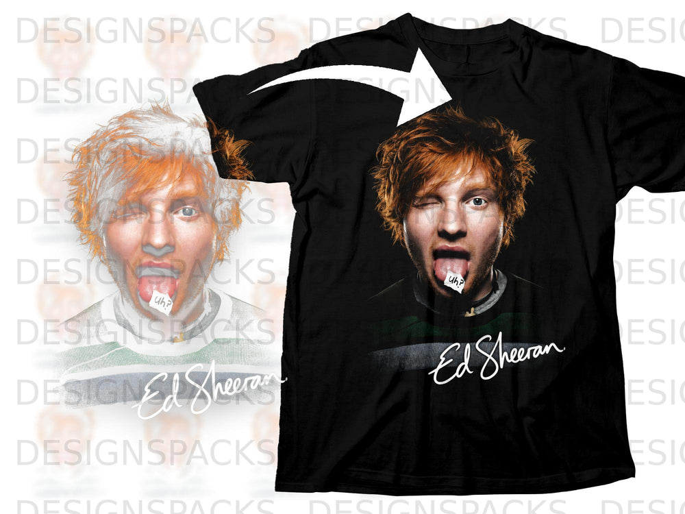 Black t-shirt with Ed Sheeran graphic and signature, tongue out with "uh?" note.