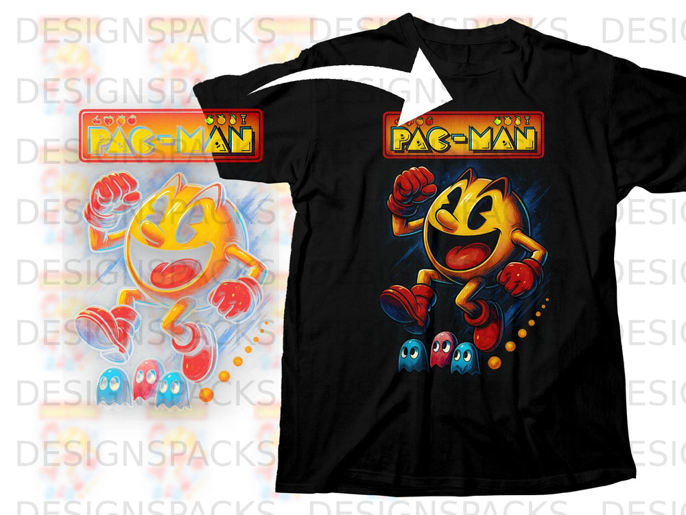 Pac-Man and colorful ghosts on a black t-shirt with a Pac-Man logo.