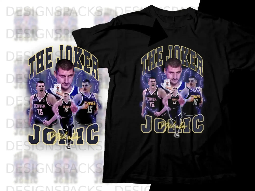 Denver Nuggets "Joker" t-shirt featuring Nikola Jokic and playing cards.