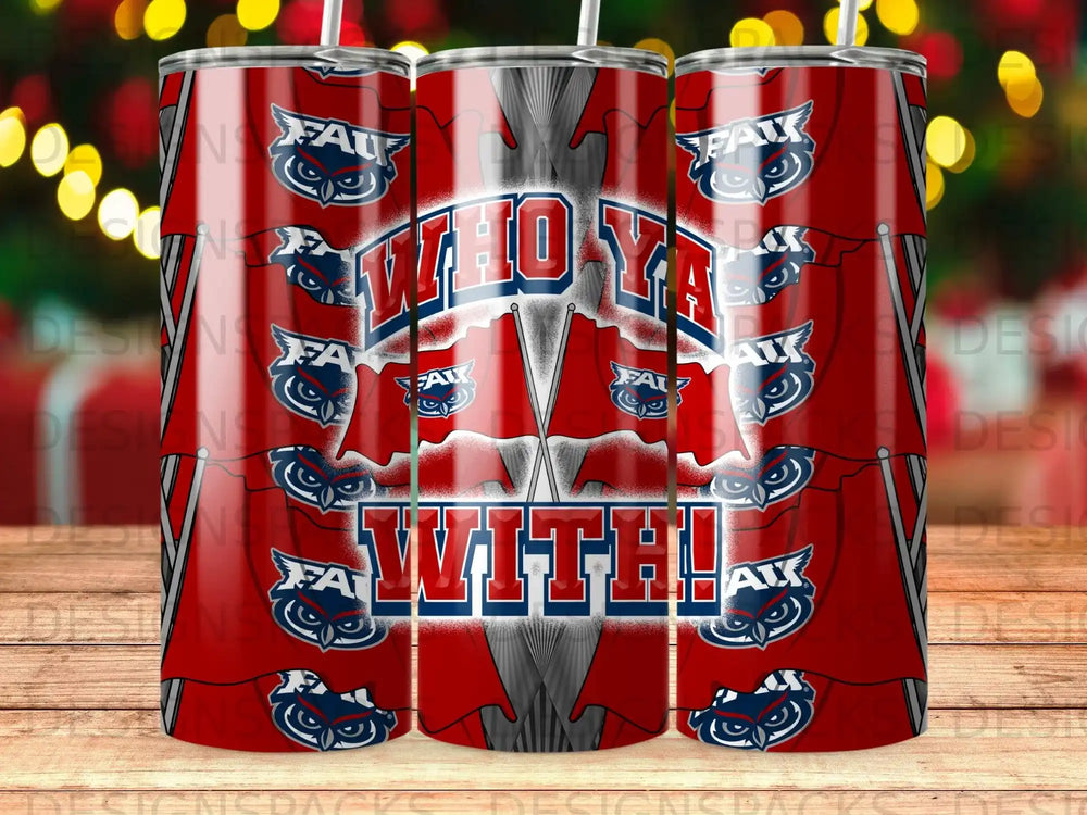 Red and white tumbler with "Who Ya With!" and FAI logo.