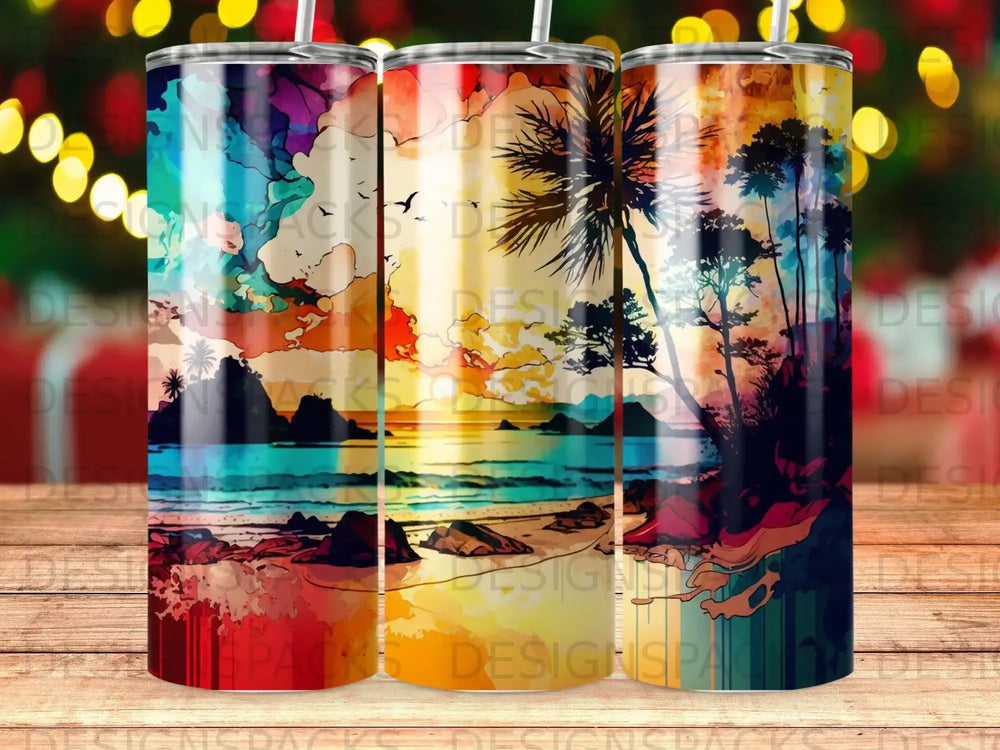 Sunset beach scene with palm trees on a colorful tumbler.