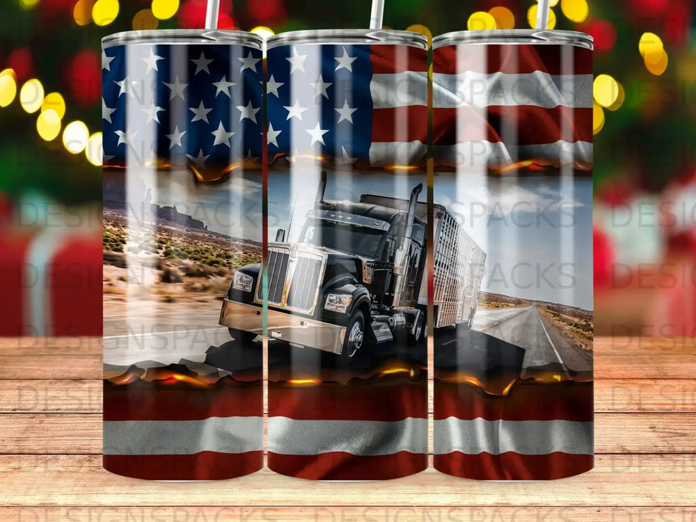 American flag-themed tumbler with a semi-truck on a road.