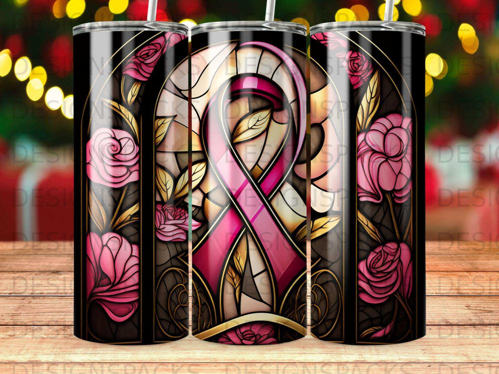 Pink ribbon with roses and stained glass design on a tumbler.