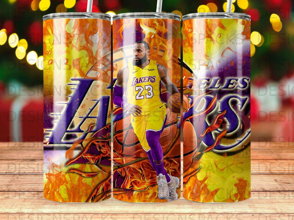 LeBron James in Lakers uniform dribbling basketball amidst flames, Los Angeles Lakers logo.