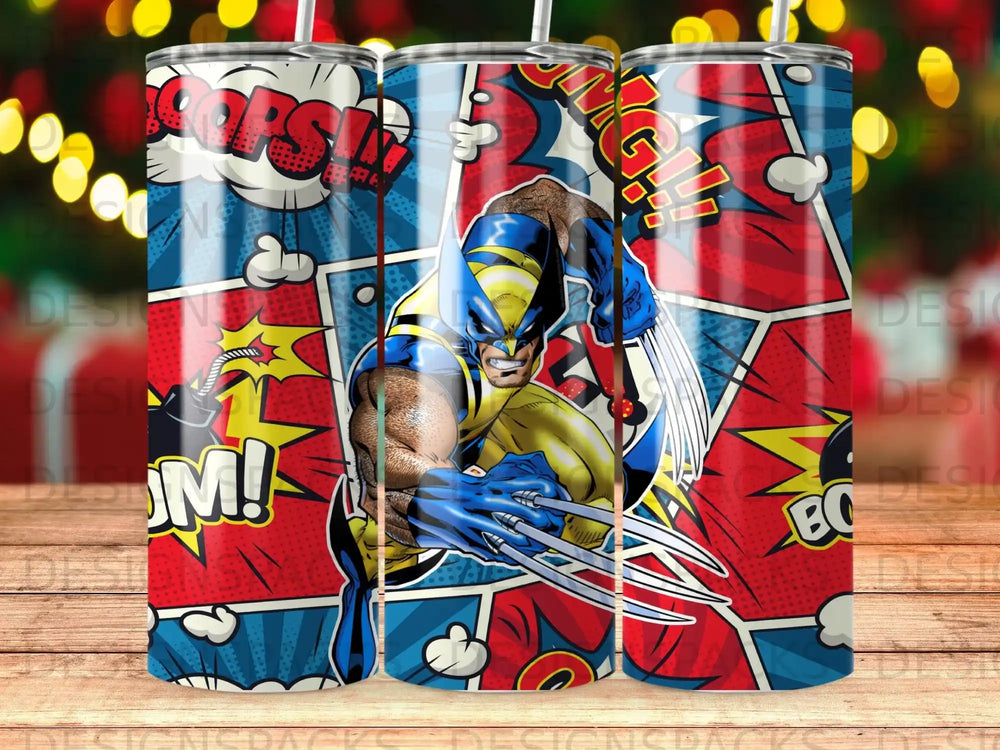 Wolverine striking a pose with comic book action lines and "POW!" "BAM!" text.
