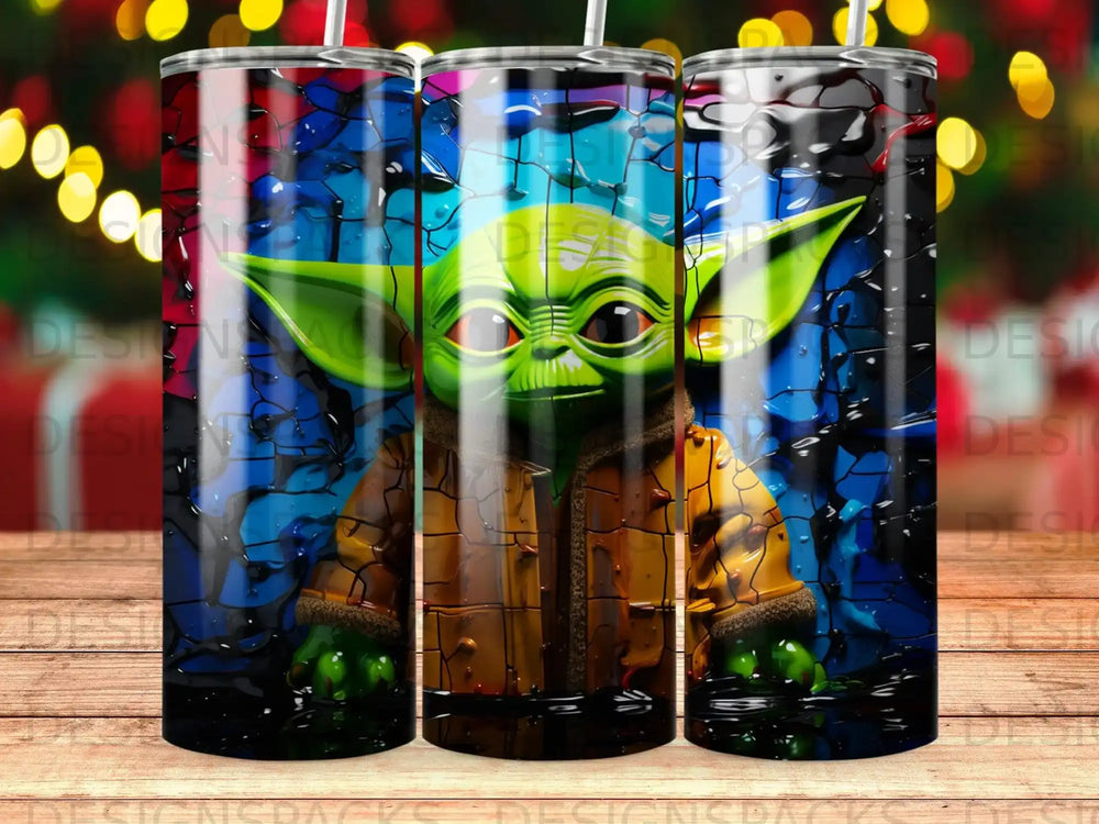 Yoda illustration on a patterned tumbler with blue and black background.