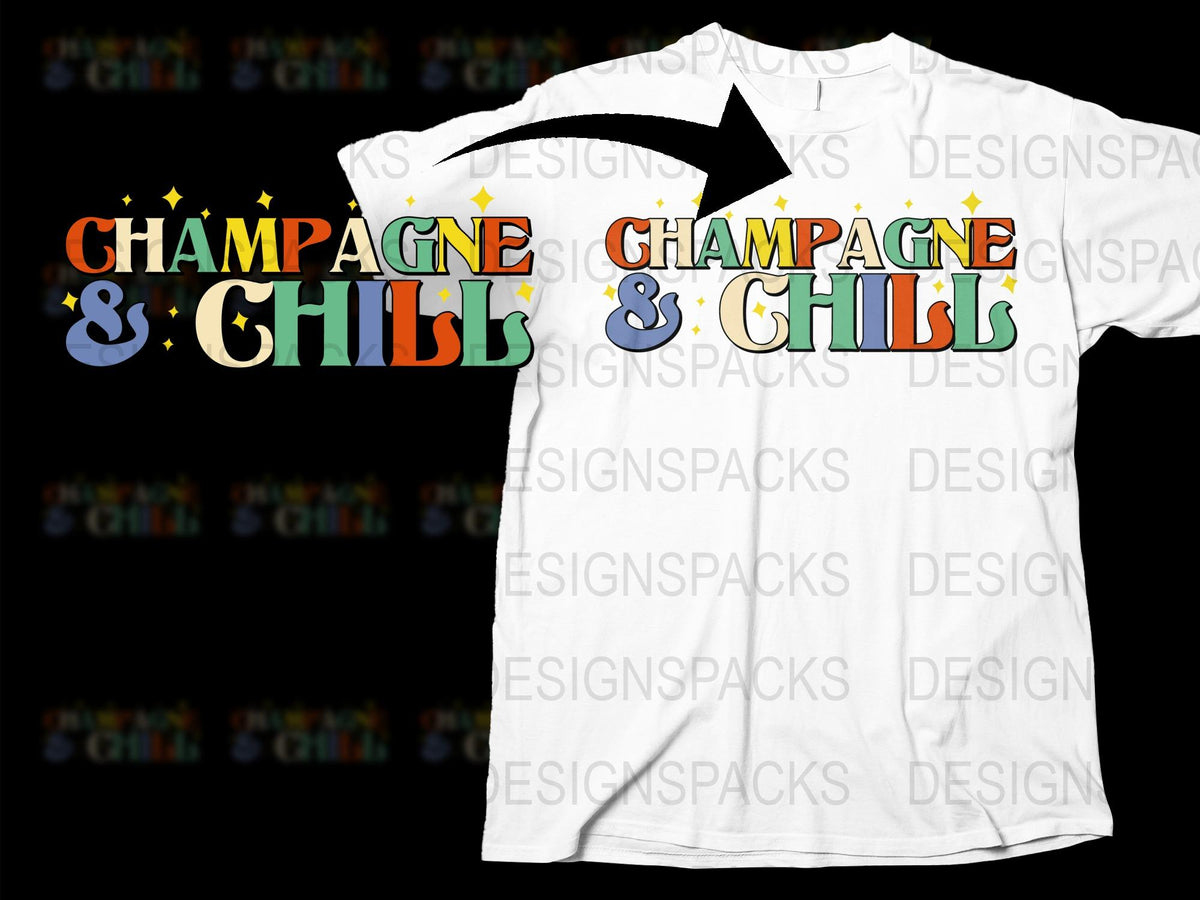 Champagne and Chilli Graphic T-Shirt, Colorful Bold Text Design, Casual Unisex Party Tee, Trendy Streetwear Style Top