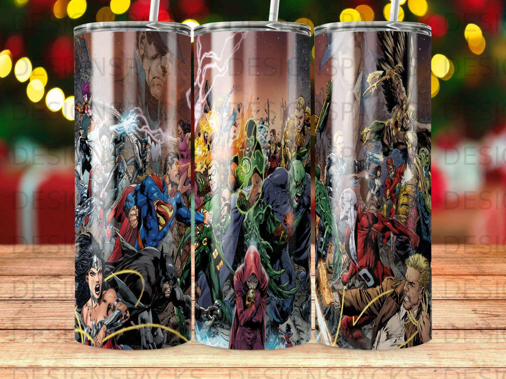 Comic book characters including Superman, Batman, and Aquaman in a battle scene.