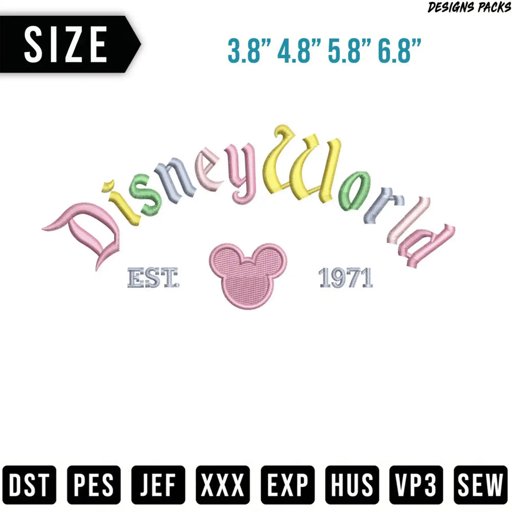 Disney World embroidery design with size options and file formats.