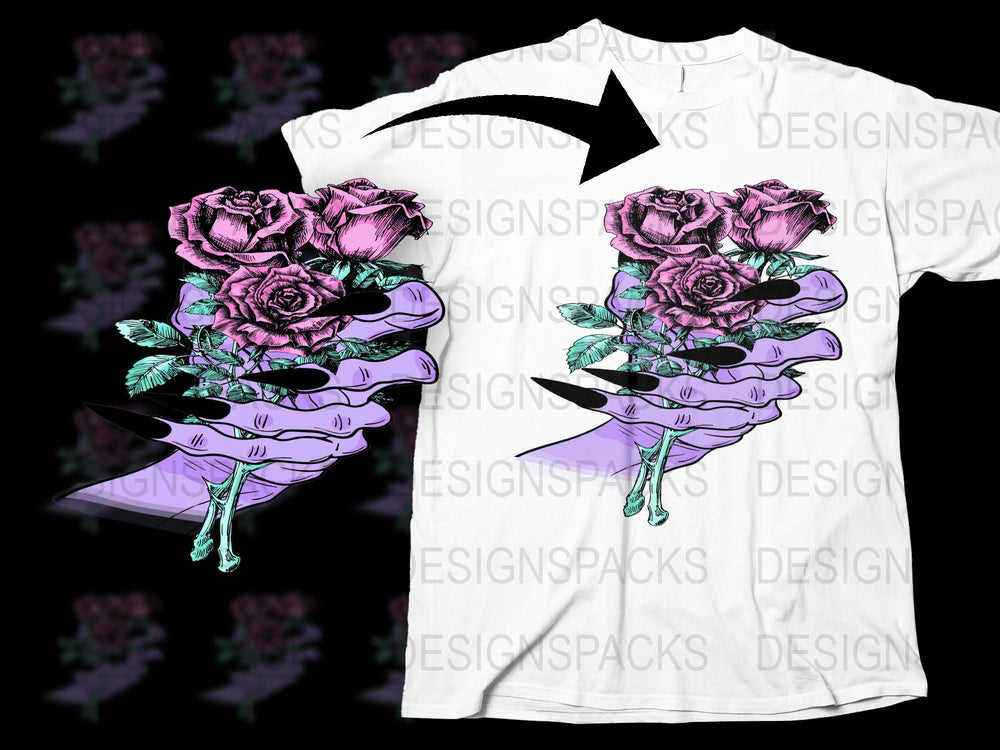 Gothic Skeleton Hands Holding Roses T-Shirt, Floral Skull Graphic Tee, Unisex Fashion Top