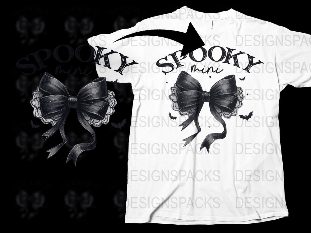 Spooky Mini Text White T-Shirt, Halloween Graphic Tee with Bow Design, Casual Fall Fashion Top