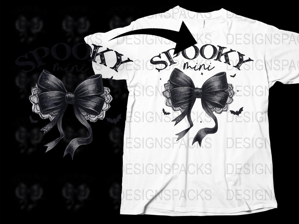 Spooky Mini Text White T-Shirt, Halloween Graphic Tee with Bow Design, Casual Fall Fashion Top
