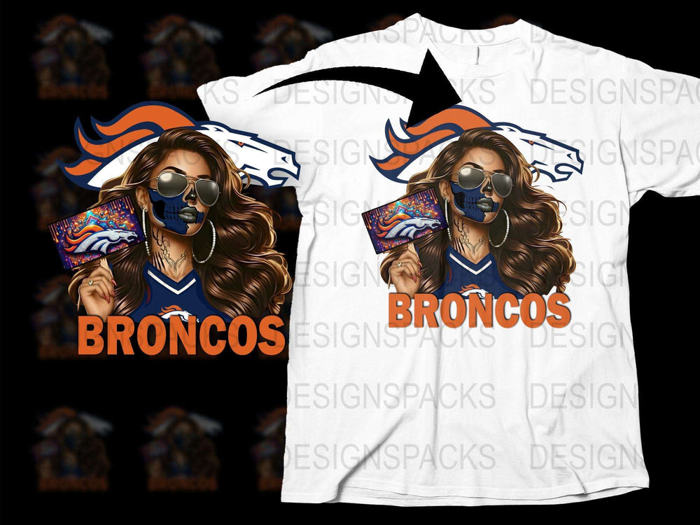 Denver Broncos Inspired Graphic T-Shirt, Fashionable Female Character Design, Stylish Sports Fan Apparel