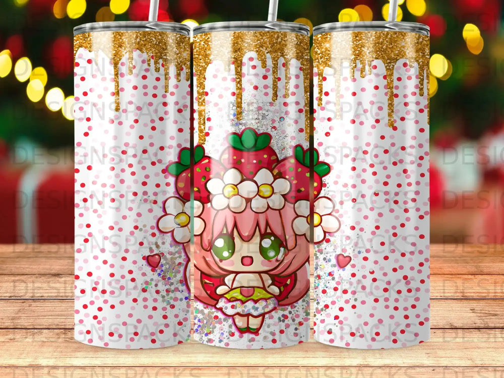 Kawaii strawberry-themed character with glitter and polka dots on a tumbler.
