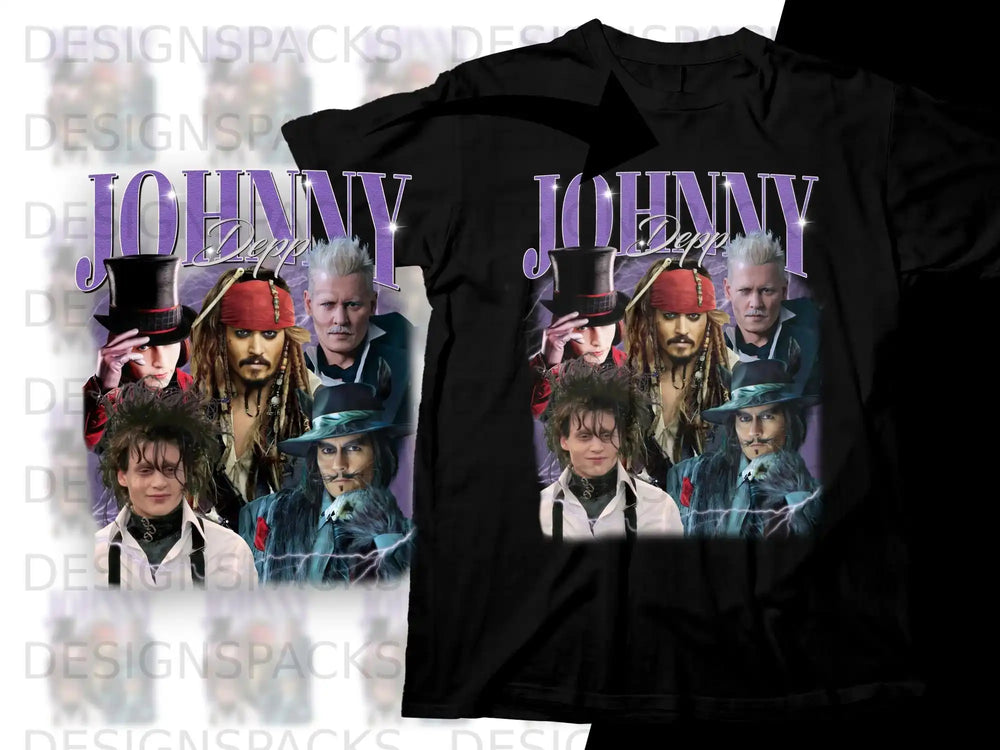 Johnny Depp collage with actor's various iconic characters.