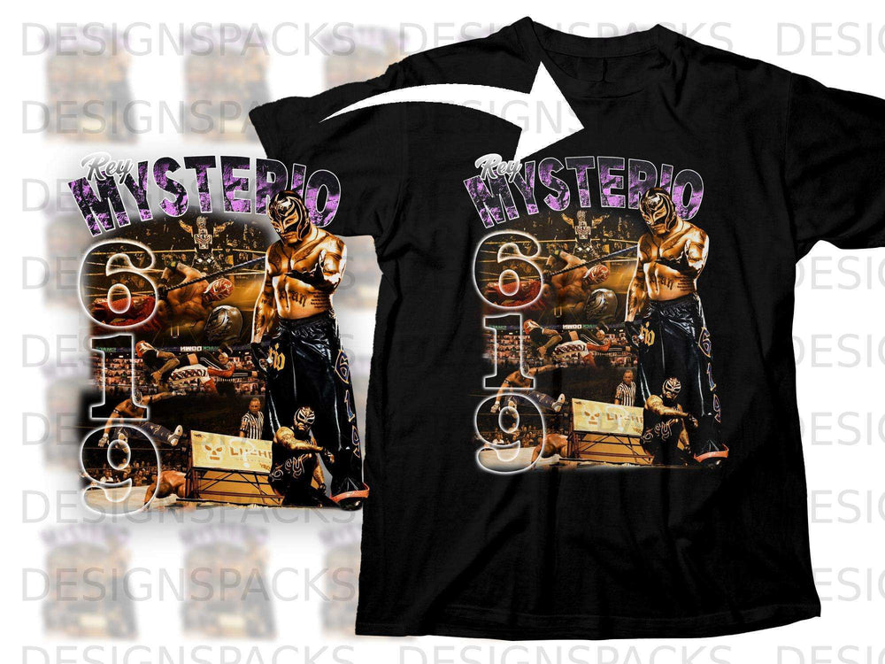 Black t-shirt featuring Rey Mysterio in a wrestling ring with bold numbers 6 and 19.