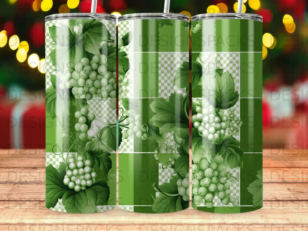 Green grapes and leaves pattern on three tall, cylindrical tumblers.