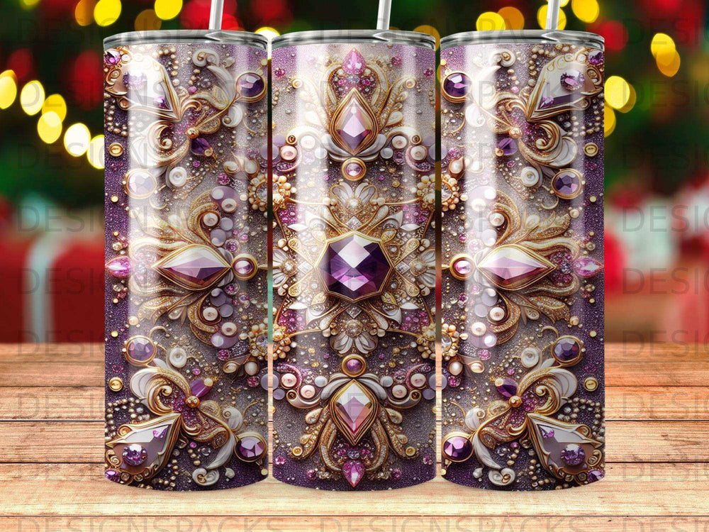 Intricate purple and gold jeweled pattern on a tumbler.