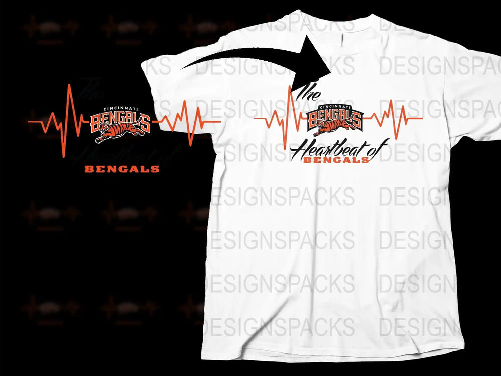 Cincinnati Bengals Heartbeat T-Shirt, NFL Team Graphic Tee, Football Fan Apparel, Sportswear White Cotton Shirt