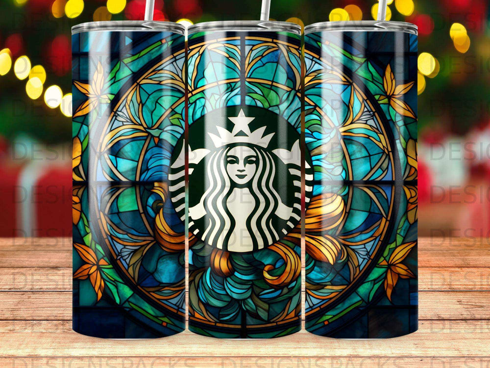 Starbucks logo on a stained glass tumbler with colorful mosaic patterns.