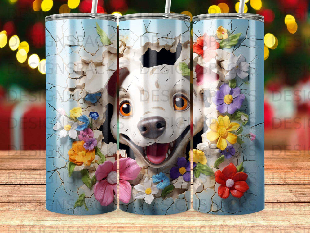 Dalmatian dog peeking through a floral crack in a light blue background.
