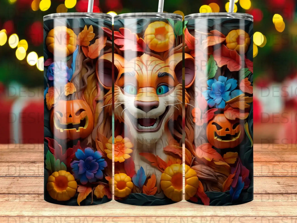 Lion with pumpkins and fall leaves on a patterned tumbler.