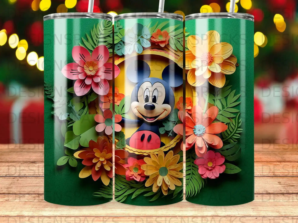 Mickey Mouse surrounded by colorful paper flowers and leaves on a green background.