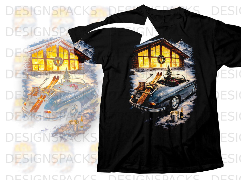 Winter scene with vintage convertible, skis, log cabin, and mountains.