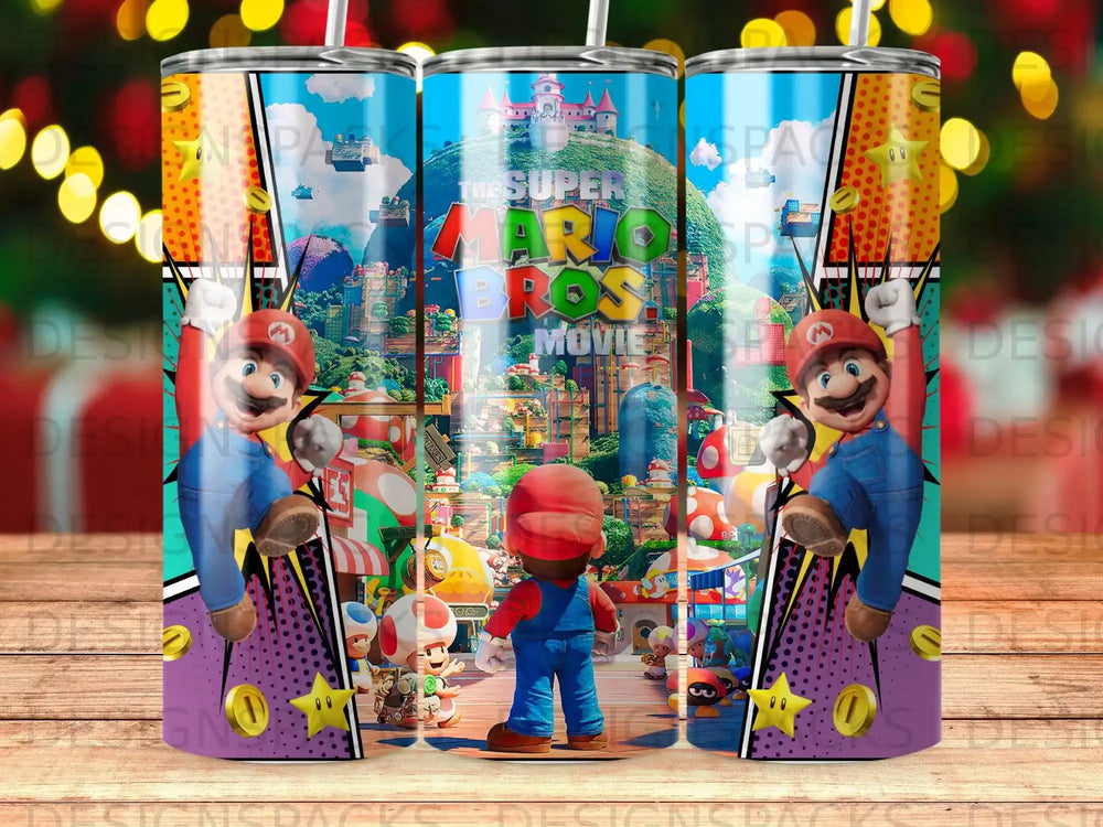 Super Mario Bros. Movie tumbler featuring Mario, Toad, and a colorful cartoon landscape.