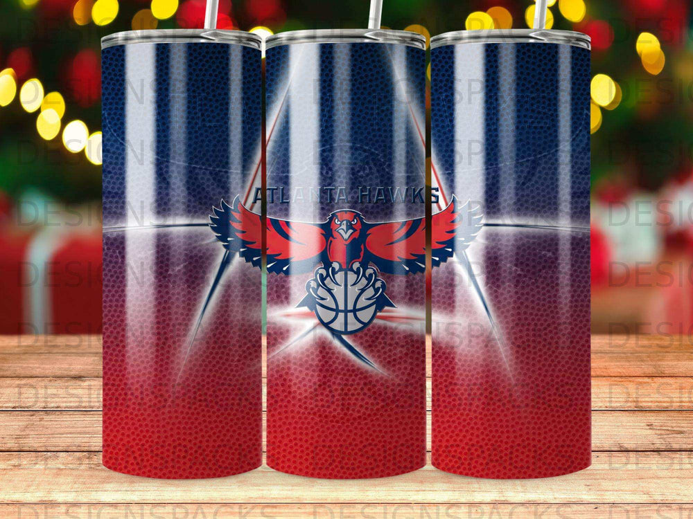 Atlanta Hawks logo and basketball pattern on a cylindrical tumbler.