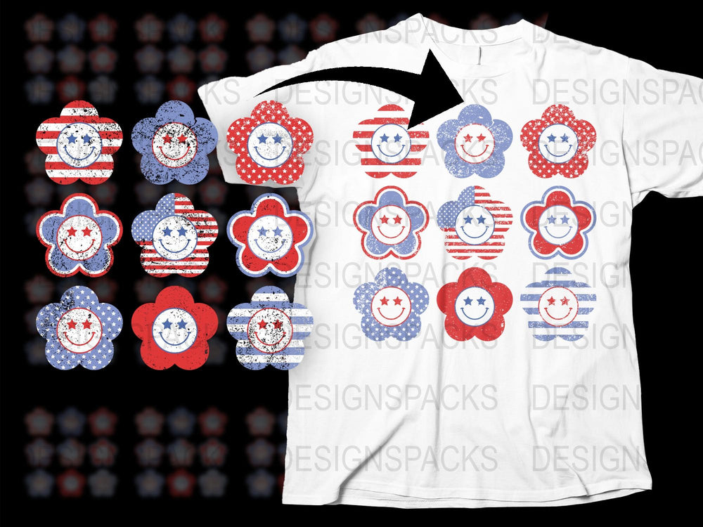 Patriotic Flower Clipart and T-Shirt Design Bundle, Red White Blue, Digital Download, 4th of July Graphics, Craft Supplies, DIY Projects