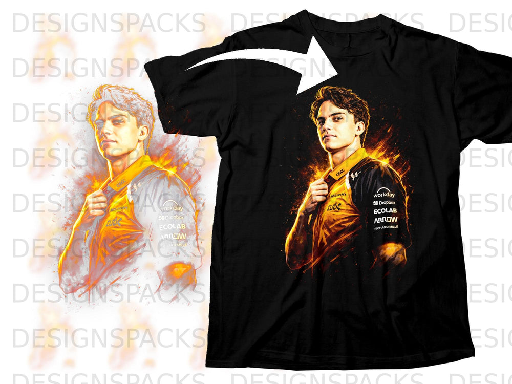 Black t-shirt featuring a graphic of a young man in a racing suit with fiery accents and sponsor logos.