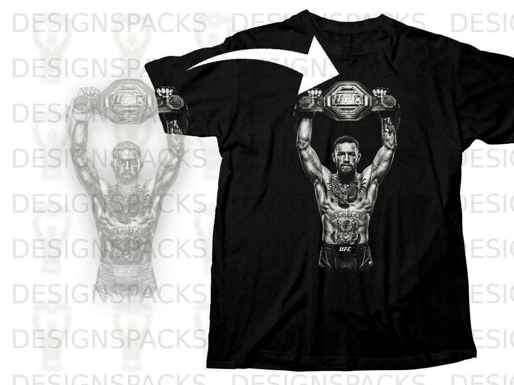 Conor McGregor holding UFC championship belt on a black t-shirt.