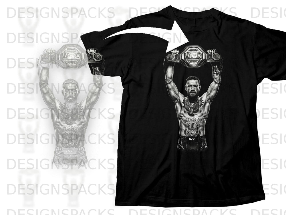 Conor McGregor holding UFC championship belt on a black t-shirt.