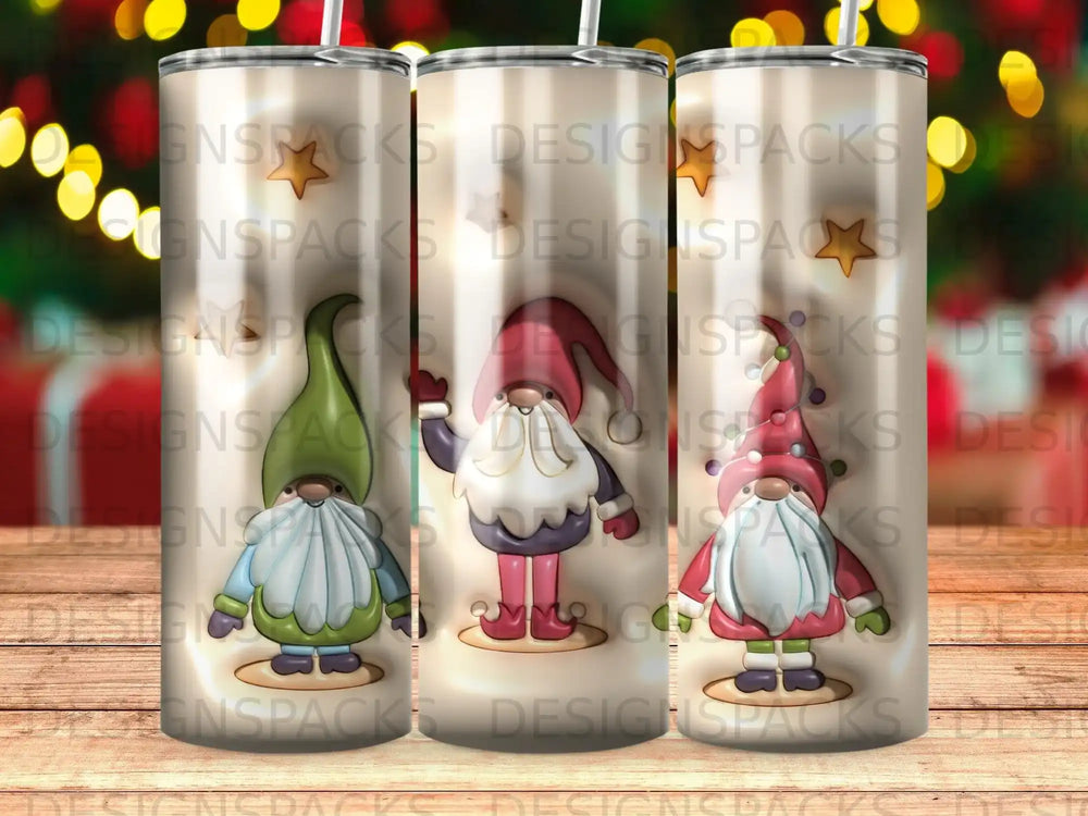 Three gnomes in Santa hats and festive clothing, against a blurred bokeh background.