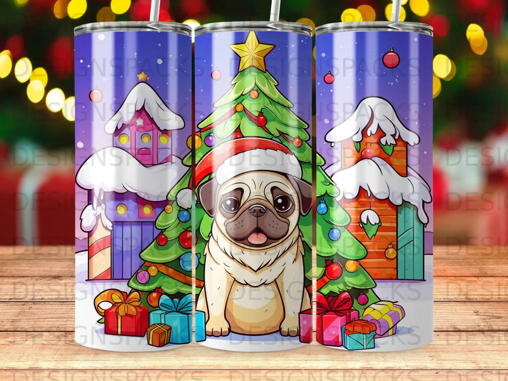Pug in Santa hat with Christmas tree and presents.