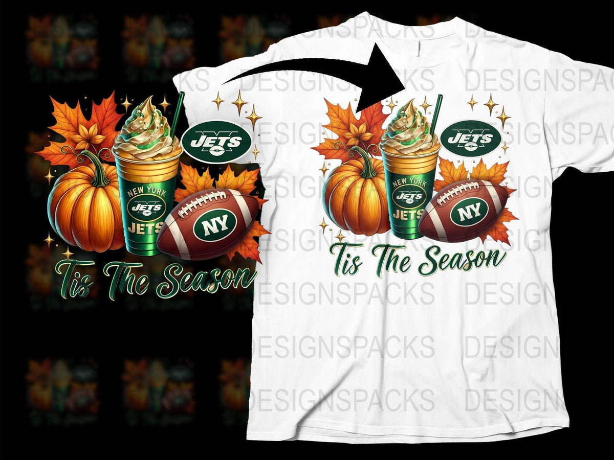 New York Jets T-Shirt, Fall Pumpkin Design, Football Season Casual Wear, Autumn Leaves Graphic Tee