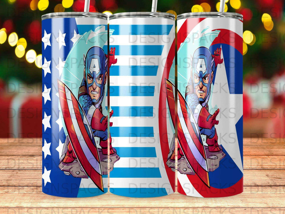 Captain America tumbler with star and stripe patterns.