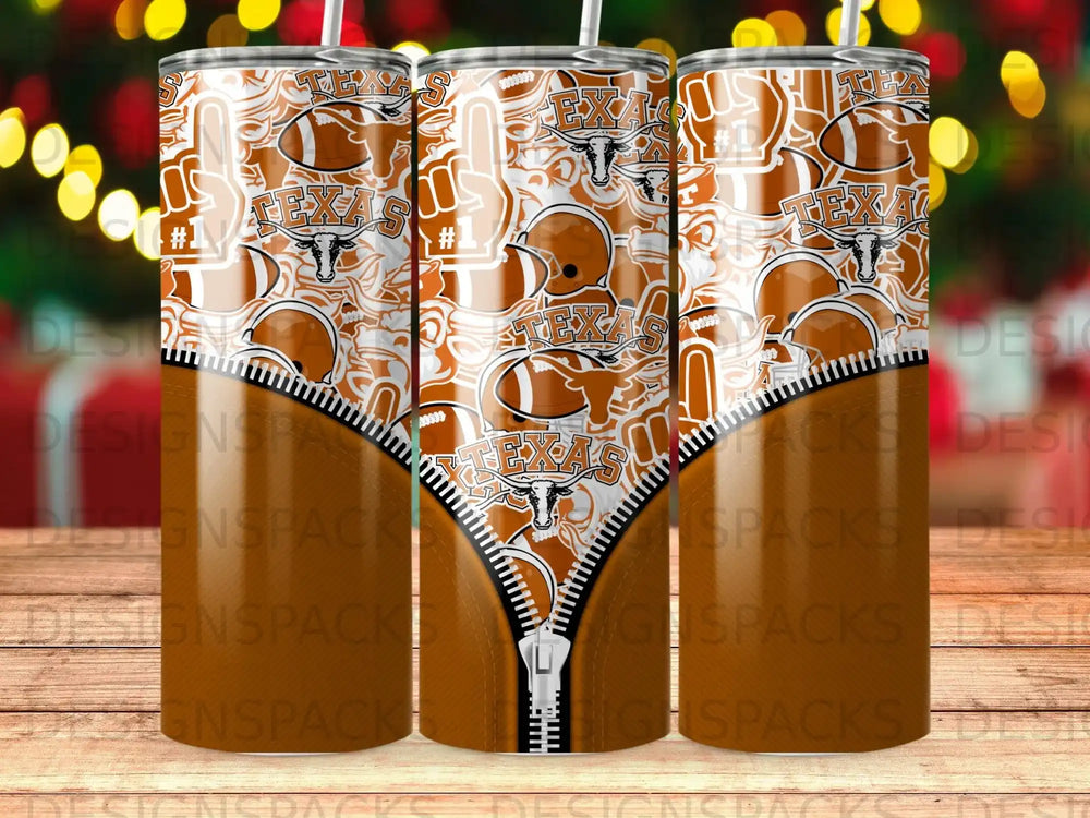 Orange tumbler with Texas Longhorns logo and a zipper graphic.
