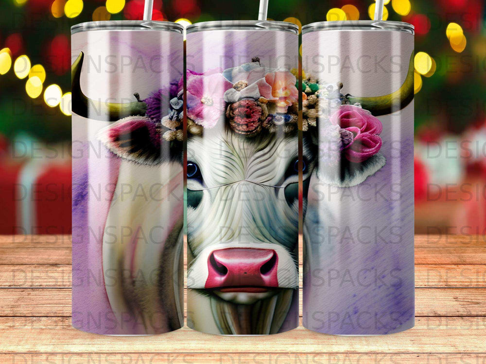 White cow with floral headdress on a purple, bokeh background.
