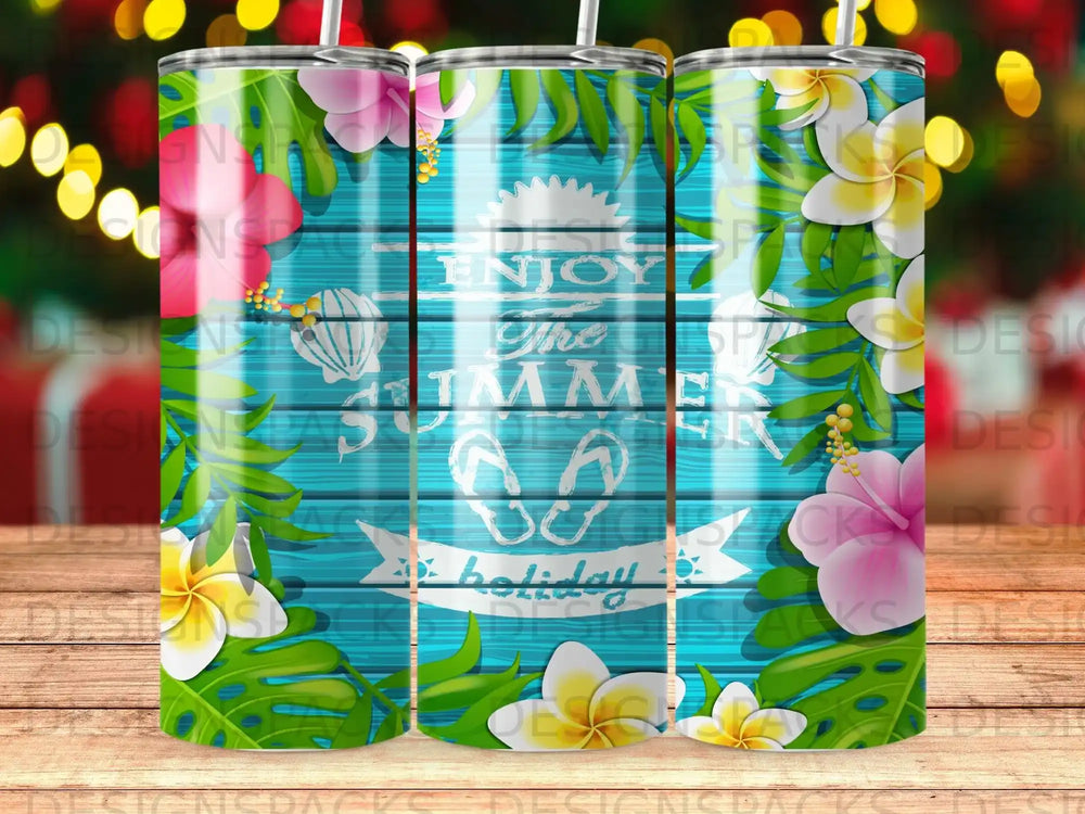 "Enjoy the summer holiday" text on a beach-themed tumbler with hibiscus flowers.