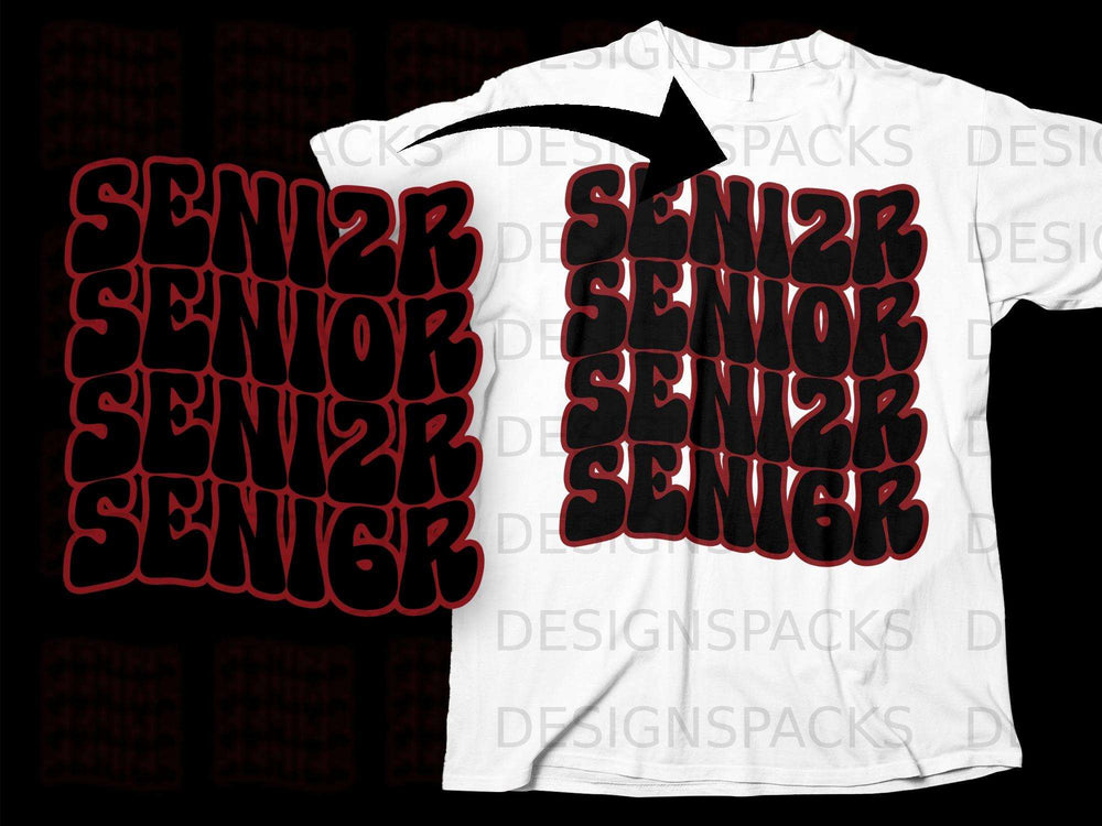 White t-shirt with "SENIOR" repeated in stacked rows with red outline.