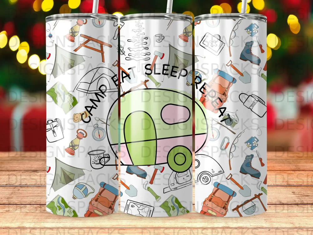 Tumbler with camping-themed illustrations and "Camp Eat Sleep Repeat" text.